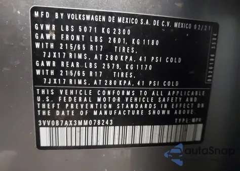 2021 Volkswagen Tiguan 2.0T S из США, поврежденный, VIN 3VV0B7AX3MM078243